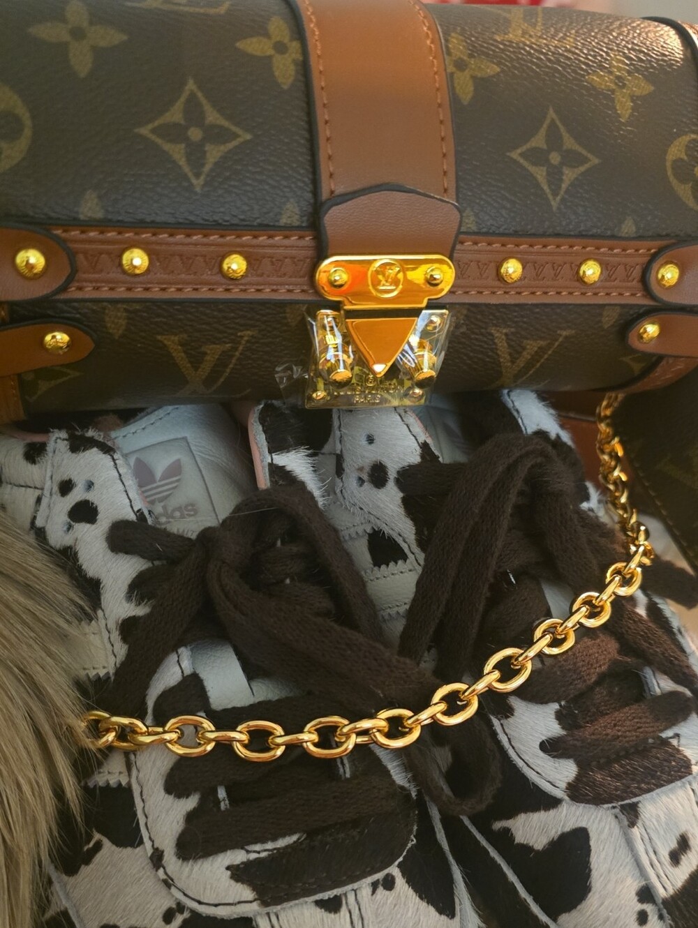 Brown Monogram Trunk-Style Crossbody with Gold Hardware